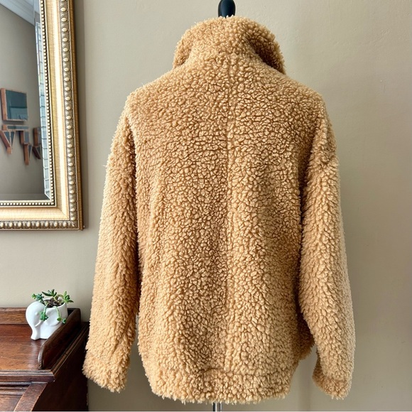 Express Camel Cozy Teddy Jacket Brown Tan Sherpa  Fleece Oversized Zip Size XS - Picture 9 of 14